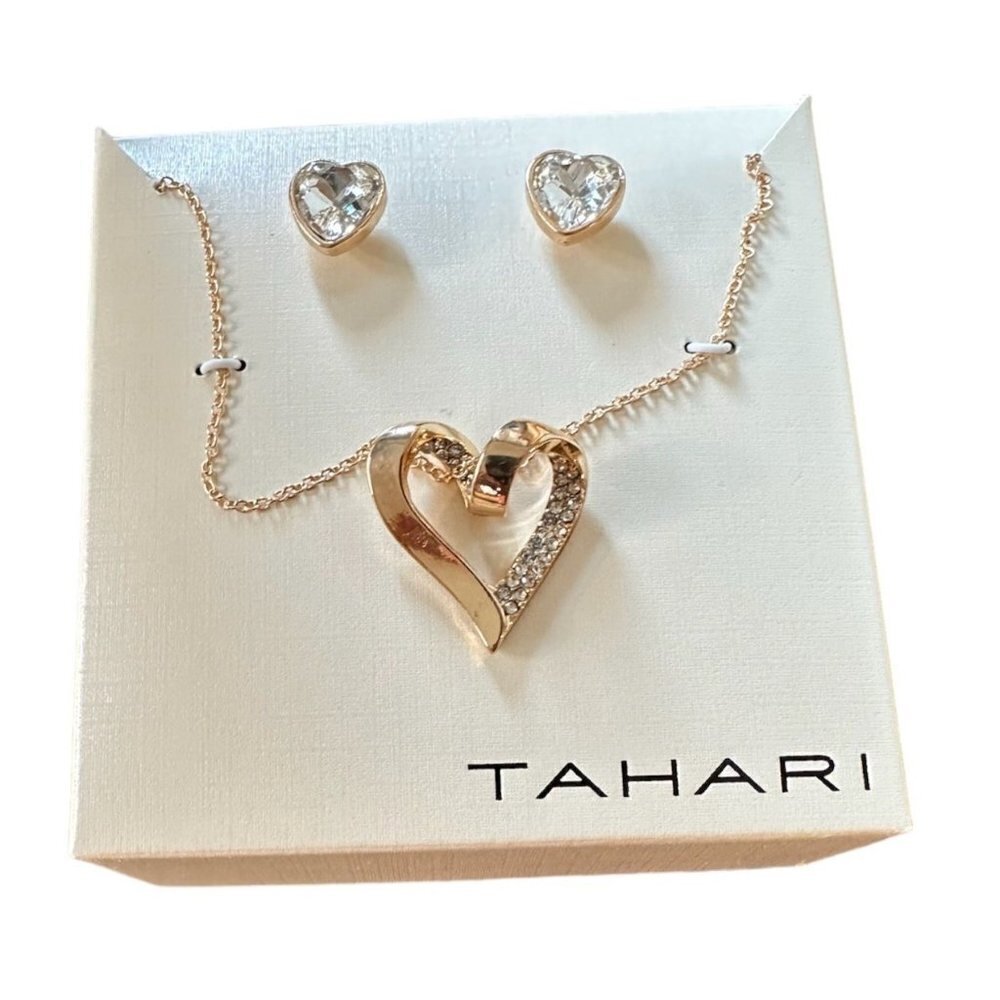 Tahari CZ Heart Necklace & Stud Earring Set Gold Plated Brand New
